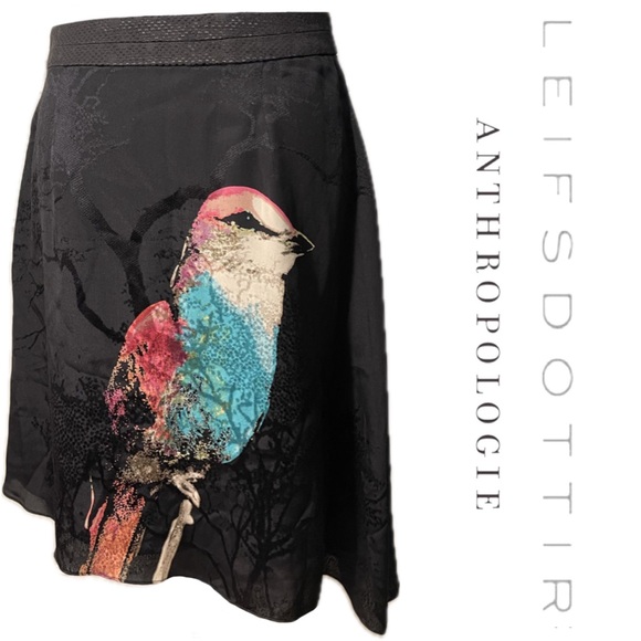 LEIFSDOTTIR Anthropologie Silk Watercolor Bird Asymmetrical Black Wrap Skirt - 2 - Picture 4 of 11